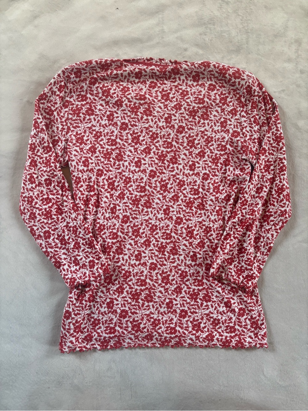Y2K Liz Claiborne Red Floral Lettuce Hem Long Sleeve Top M - Picture 8 of 8